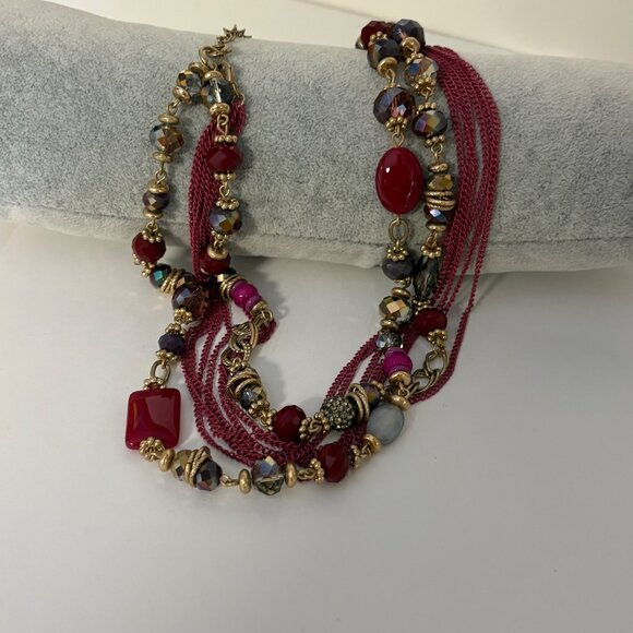 Premier Designs Multi-Strand Beaded Necklace Burgundy Purple Gold Tone Beads - Picture 6 of 6